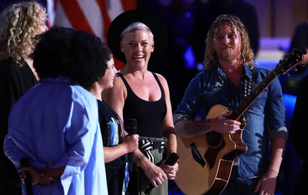 Pink and her daughter were undeterred by the DNC rally's chant of "What do we say?"