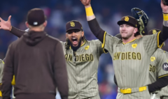 The Padres hit a game-winning triple to upset the Dodgers and clinch a playoff berth.