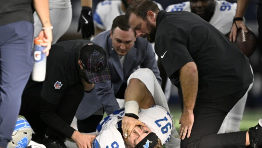 Lions edge rusher Aidan Hutchinson is sidelined with a broken tibia.