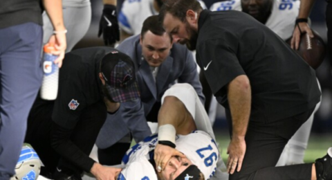 Lions edge rusher Aidan Hutchinson is sidelined with a broken tibia.