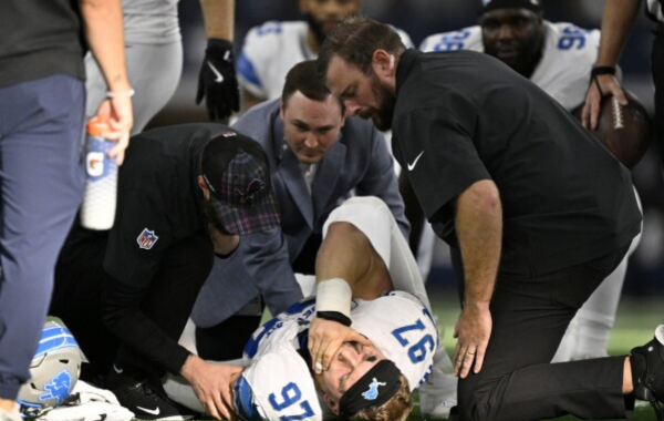 Lions edge rusher Aidan Hutchinson is sidelined with a broken tibia.