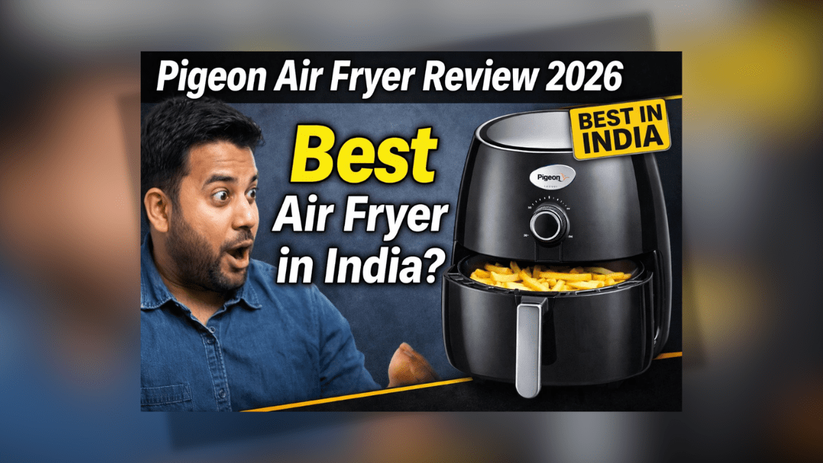 Pigeon Air Fryer review 2026 thumbnail showing air fryer with fries and text Best Air Fryer in India